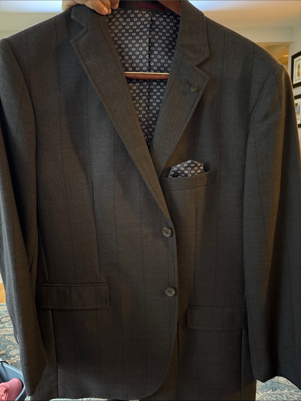 Johnston & Murphy Charcoal Windowpane Men’s Blazer with Pocket Square